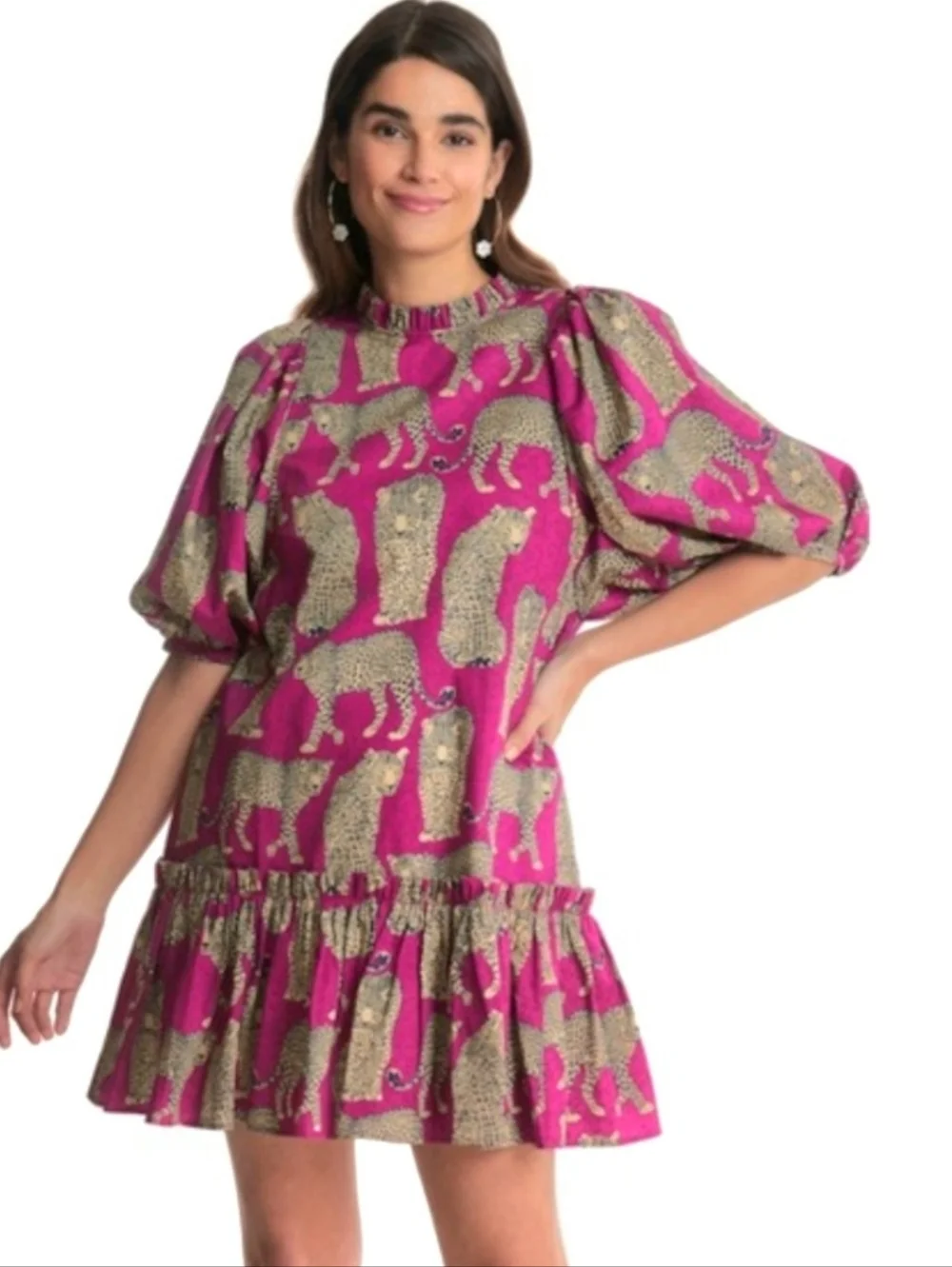 Tyler Boe Fuchsia and Cheetah Print Dress Puff Sleeves Sammy - Picture 5 of 5